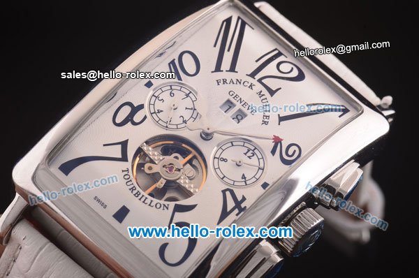 Franck Muller Long Island Tourbillon Automatic Movement Steel Case with White Dial and White Leather Strap - Click Image to Close